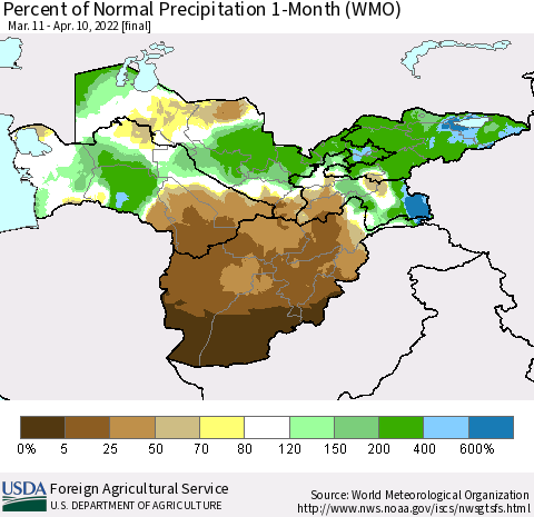 Central Asia Percent of Normal Precipitation 1-Month (WMO) Thematic Map For 3/11/2022 - 4/10/2022
