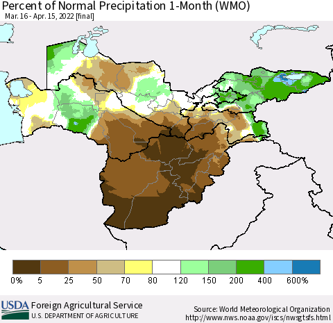 Central Asia Percent of Normal Precipitation 1-Month (WMO) Thematic Map For 3/16/2022 - 4/15/2022