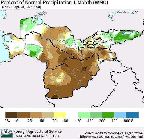 Central Asia Percent of Normal Precipitation 1-Month (WMO) Thematic Map For 3/21/2022 - 4/20/2022