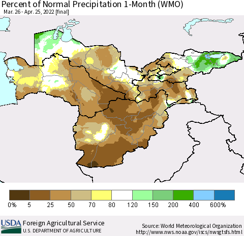 Central Asia Percent of Normal Precipitation 1-Month (WMO) Thematic Map For 3/26/2022 - 4/25/2022