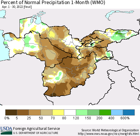 Central Asia Percent of Normal Precipitation 1-Month (WMO) Thematic Map For 4/1/2022 - 4/30/2022