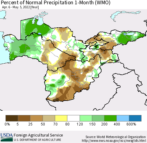 Central Asia Percent of Normal Precipitation 1-Month (WMO) Thematic Map For 4/6/2022 - 5/5/2022