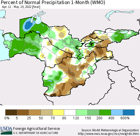 Central Asia Percent of Normal Precipitation 1-Month (WMO) Thematic Map For 4/11/2022 - 5/10/2022