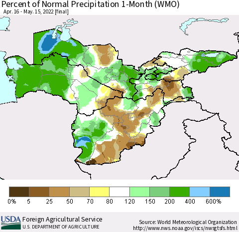 Central Asia Percent of Normal Precipitation 1-Month (WMO) Thematic Map For 4/16/2022 - 5/15/2022
