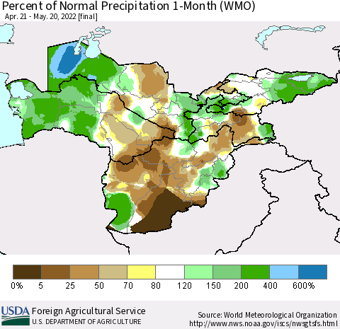 Central Asia Percent of Normal Precipitation 1-Month (WMO) Thematic Map For 4/21/2022 - 5/20/2022