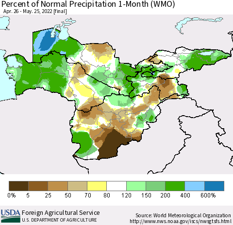 Central Asia Percent of Normal Precipitation 1-Month (WMO) Thematic Map For 4/26/2022 - 5/25/2022