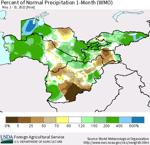 Central Asia Percent of Normal Precipitation 1-Month (WMO) Thematic Map For 5/1/2022 - 5/31/2022