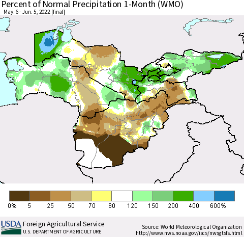 Central Asia Percent of Normal Precipitation 1-Month (WMO) Thematic Map For 5/6/2022 - 6/5/2022