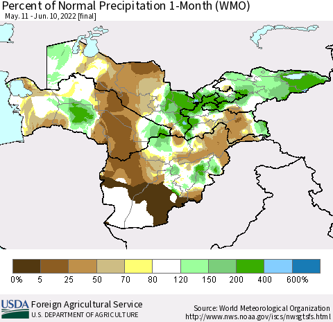 Central Asia Percent of Normal Precipitation 1-Month (WMO) Thematic Map For 5/11/2022 - 6/10/2022