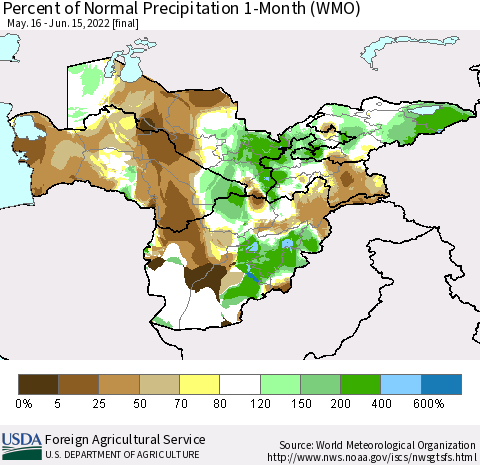 Central Asia Percent of Normal Precipitation 1-Month (WMO) Thematic Map For 5/16/2022 - 6/15/2022