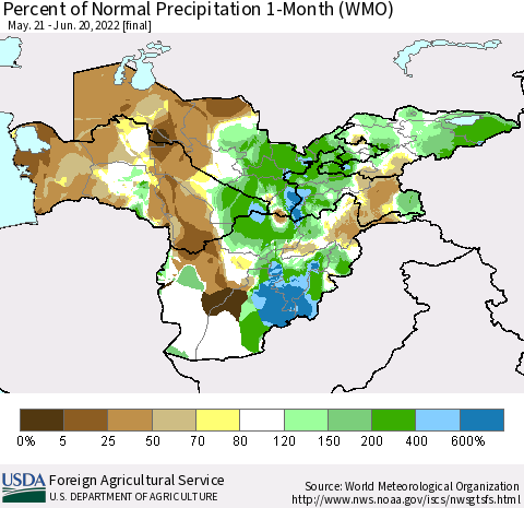 Central Asia Percent of Normal Precipitation 1-Month (WMO) Thematic Map For 5/21/2022 - 6/20/2022