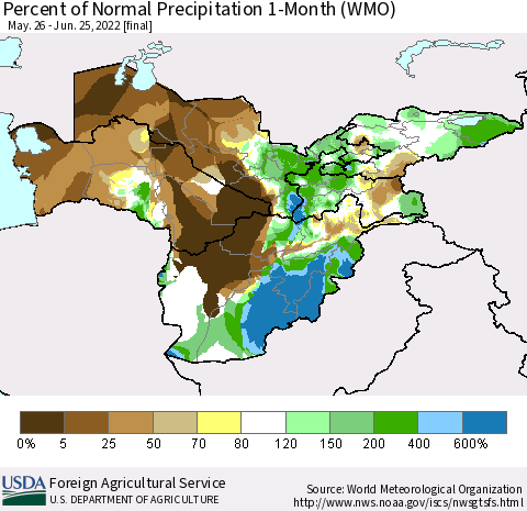 Central Asia Percent of Normal Precipitation 1-Month (WMO) Thematic Map For 5/26/2022 - 6/25/2022