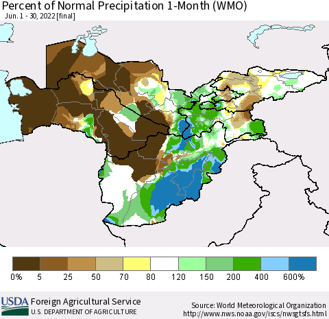 Central Asia Percent of Normal Precipitation 1-Month (WMO) Thematic Map For 6/1/2022 - 6/30/2022