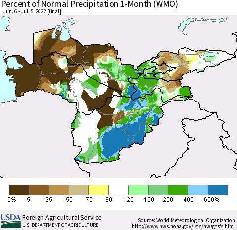Central Asia Percent of Normal Precipitation 1-Month (WMO) Thematic Map For 6/6/2022 - 7/5/2022