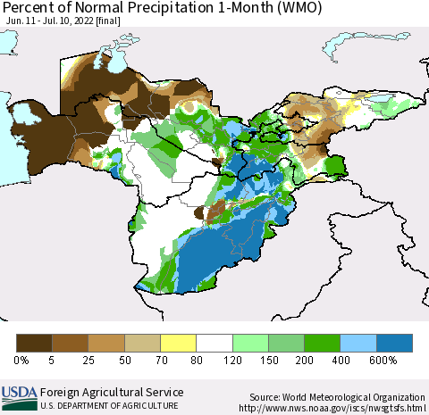 Central Asia Percent of Normal Precipitation 1-Month (WMO) Thematic Map For 6/11/2022 - 7/10/2022