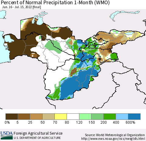 Central Asia Percent of Normal Precipitation 1-Month (WMO) Thematic Map For 6/16/2022 - 7/15/2022