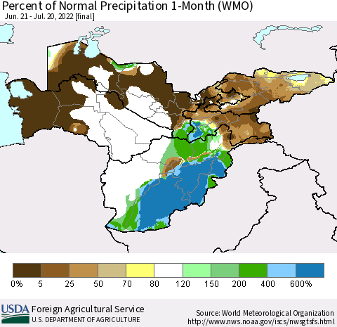 Central Asia Percent of Normal Precipitation 1-Month (WMO) Thematic Map For 6/21/2022 - 7/20/2022