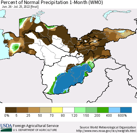 Central Asia Percent of Normal Precipitation 1-Month (WMO) Thematic Map For 6/26/2022 - 7/25/2022
