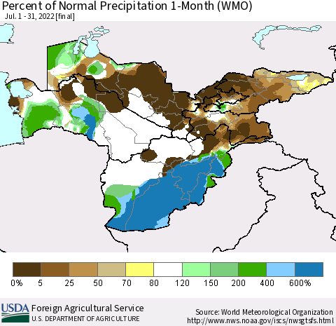 Central Asia Percent of Normal Precipitation 1-Month (WMO) Thematic Map For 7/1/2022 - 7/31/2022