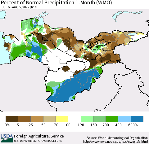Central Asia Percent of Normal Precipitation 1-Month (WMO) Thematic Map For 7/6/2022 - 8/5/2022