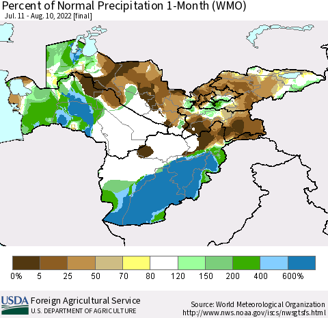 Central Asia Percent of Normal Precipitation 1-Month (WMO) Thematic Map For 7/11/2022 - 8/10/2022