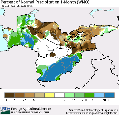 Central Asia Percent of Normal Precipitation 1-Month (WMO) Thematic Map For 7/16/2022 - 8/15/2022