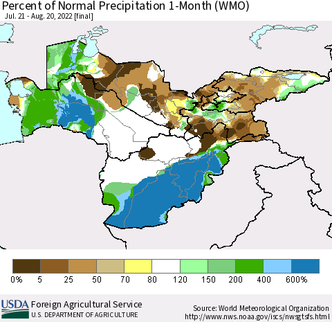 Central Asia Percent of Normal Precipitation 1-Month (WMO) Thematic Map For 7/21/2022 - 8/20/2022
