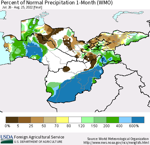 Central Asia Percent of Normal Precipitation 1-Month (WMO) Thematic Map For 7/26/2022 - 8/25/2022