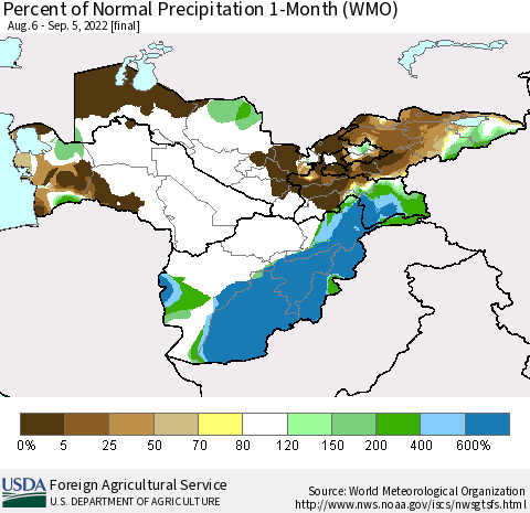 Central Asia Percent of Normal Precipitation 1-Month (WMO) Thematic Map For 8/6/2022 - 9/5/2022