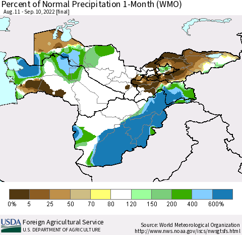 Central Asia Percent of Normal Precipitation 1-Month (WMO) Thematic Map For 8/11/2022 - 9/10/2022