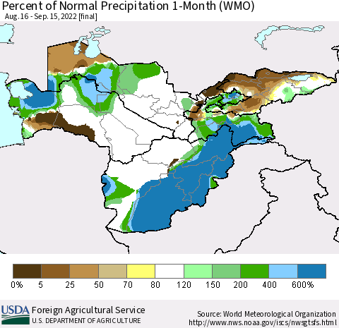 Central Asia Percent of Normal Precipitation 1-Month (WMO) Thematic Map For 8/16/2022 - 9/15/2022