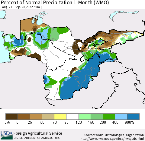 Central Asia Percent of Normal Precipitation 1-Month (WMO) Thematic Map For 8/21/2022 - 9/20/2022