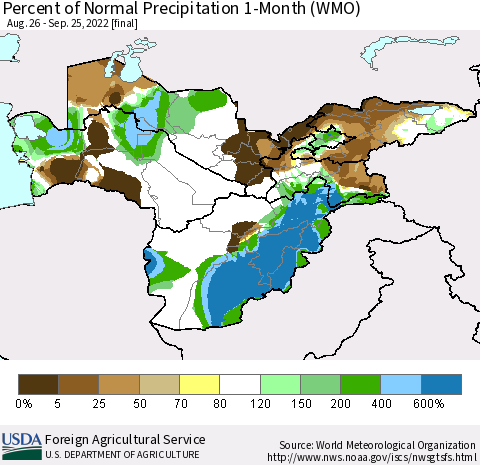 Central Asia Percent of Normal Precipitation 1-Month (WMO) Thematic Map For 8/26/2022 - 9/25/2022