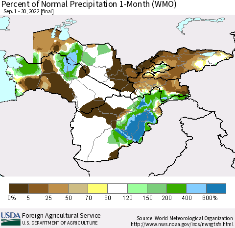 Central Asia Percent of Normal Precipitation 1-Month (WMO) Thematic Map For 9/1/2022 - 9/30/2022