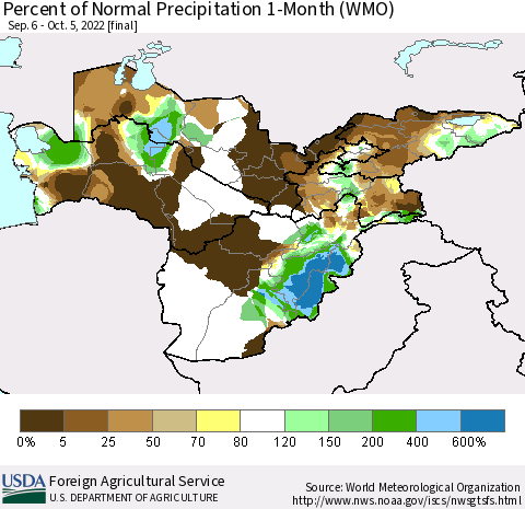Central Asia Percent of Normal Precipitation 1-Month (WMO) Thematic Map For 9/6/2022 - 10/5/2022