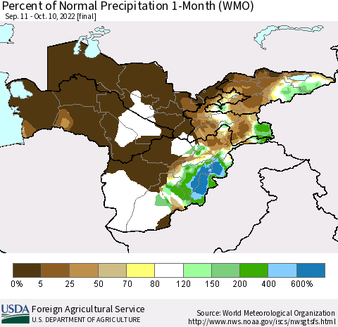 Central Asia Percent of Normal Precipitation 1-Month (WMO) Thematic Map For 9/11/2022 - 10/10/2022
