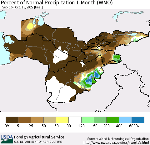 Central Asia Percent of Normal Precipitation 1-Month (WMO) Thematic Map For 9/16/2022 - 10/15/2022