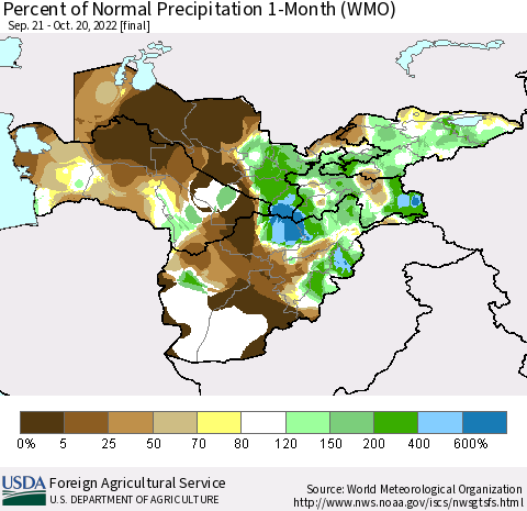 Central Asia Percent of Normal Precipitation 1-Month (WMO) Thematic Map For 9/21/2022 - 10/20/2022