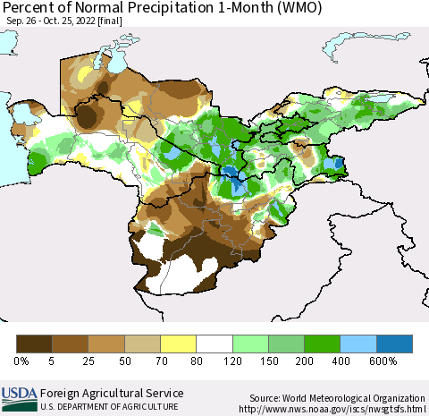 Central Asia Percent of Normal Precipitation 1-Month (WMO) Thematic Map For 9/26/2022 - 10/25/2022
