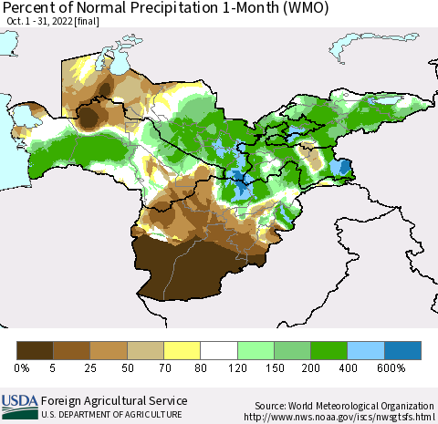 Central Asia Percent of Normal Precipitation 1-Month (WMO) Thematic Map For 10/1/2022 - 10/31/2022