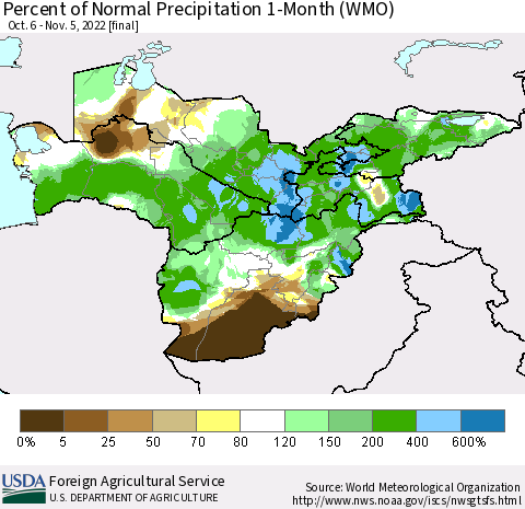Central Asia Percent of Normal Precipitation 1-Month (WMO) Thematic Map For 10/6/2022 - 11/5/2022