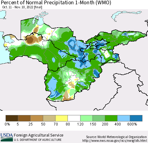 Central Asia Percent of Normal Precipitation 1-Month (WMO) Thematic Map For 10/11/2022 - 11/10/2022