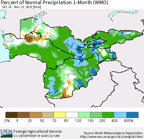 Central Asia Percent of Normal Precipitation 1-Month (WMO) Thematic Map For 10/16/2022 - 11/15/2022