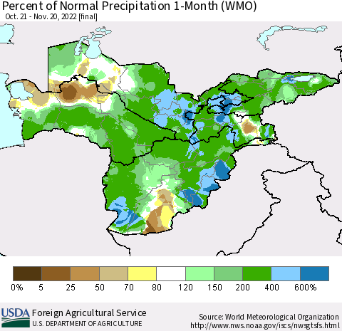 Central Asia Percent of Normal Precipitation 1-Month (WMO) Thematic Map For 10/21/2022 - 11/20/2022