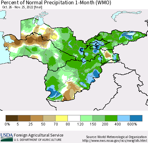 Central Asia Percent of Normal Precipitation 1-Month (WMO) Thematic Map For 10/26/2022 - 11/25/2022