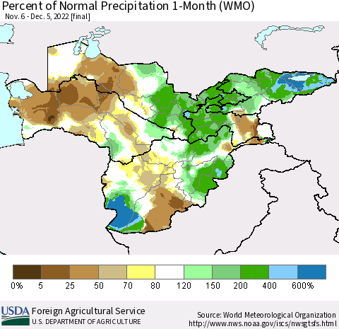 Central Asia Percent of Normal Precipitation 1-Month (WMO) Thematic Map For 11/6/2022 - 12/5/2022