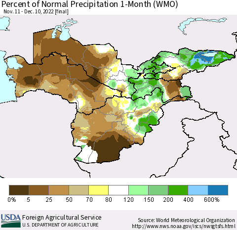 Central Asia Percent of Normal Precipitation 1-Month (WMO) Thematic Map For 11/11/2022 - 12/10/2022