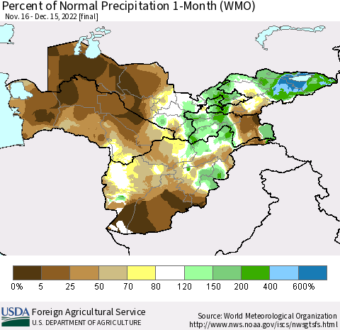 Central Asia Percent of Normal Precipitation 1-Month (WMO) Thematic Map For 11/16/2022 - 12/15/2022