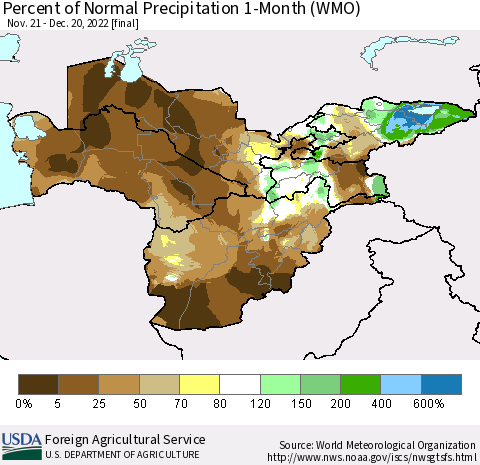 Central Asia Percent of Normal Precipitation 1-Month (WMO) Thematic Map For 11/21/2022 - 12/20/2022
