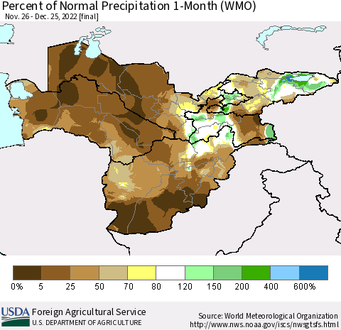 Central Asia Percent of Normal Precipitation 1-Month (WMO) Thematic Map For 11/26/2022 - 12/25/2022